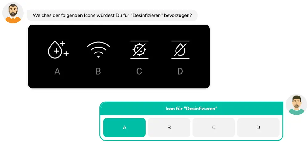 Beispiel aus Pollux, mit dem vier verschiedene Icon-Darstellungen für den Begriff 'Desinfizieren' auf ihre Verständlichkeit geprüft werden. Der Nutzer kann sich das Icon aussuchen, dass am besten für sie/ihn passt.