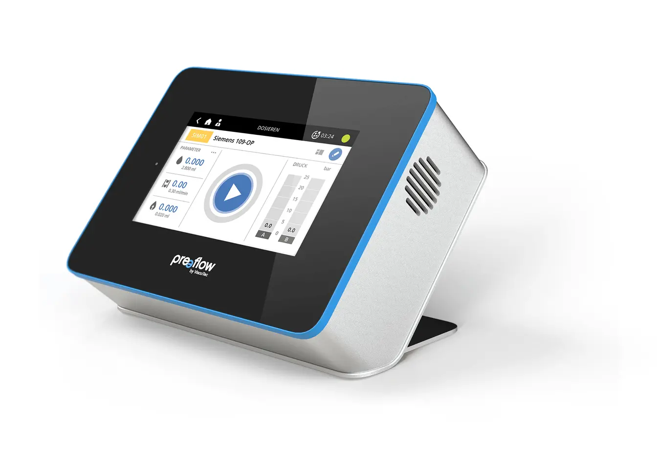 Großaufnahme einer blau-weißen digitalen Benutzeroberfläche für den Klebedispenser eco 200 für ViscoTec.