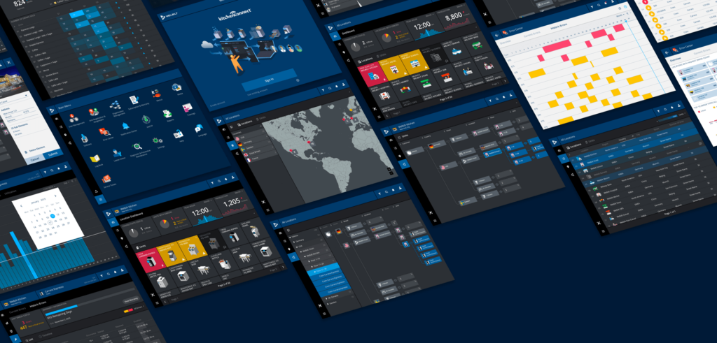 Mehrere Screenshots zeigen die Ansichts- und Interaktions-Variationen der IoT Application KitchenConnect von Welbilt.
